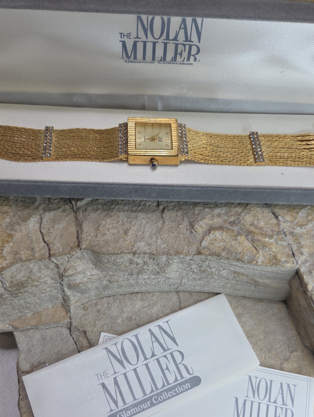 Nolan Miller Gold Chain Bracelet Watch  Rhinestone Accents Blue Sapphire Crown